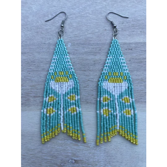 A pair of handmade beading earrings. in turquoise with a peony folk flower in white.