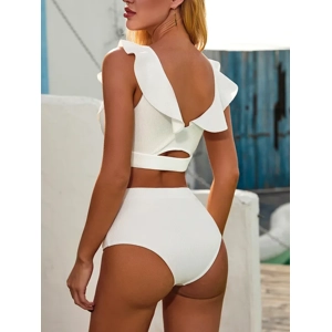 Metal Buckle Ruffled White Swimsuit