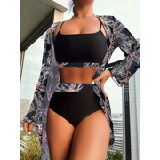Three-piece set. Featuring a sleek black high-waisted bikini and a matching tropical print kimono,