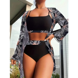 Three-piece set. Featuring a sleek black high-waisted bikini and a matching tropical print kimono,