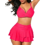 Two-piece. Bikini top paired with a high-waisted swim skirt,
