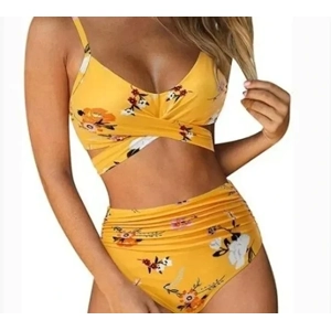 Beach Joy Yellow Island Print High‑Waist Bikini Set