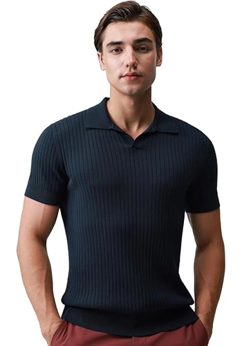 Pure BCI Cotton Short Sleeve Polo Shirts for Men Johnny Collar Sweater High Twist Ribbed Knit Button