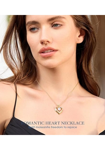 Beam & Bask 2-3 Ct Moissanite Double Heart Pendant Necklaces for Wife, 18K Gold Plated S925 Silver J