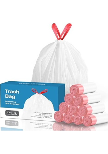 13 Gallon Tall Kitchen Drawstring Trash Bags, 200 Count Pre-separated Garbage Bags, Unscented, Leak