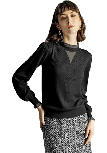 Women's Solid Color Pullover Sweater with Chiffon Ruffled Collar, Sheep Wool Blend Fashion Commuter