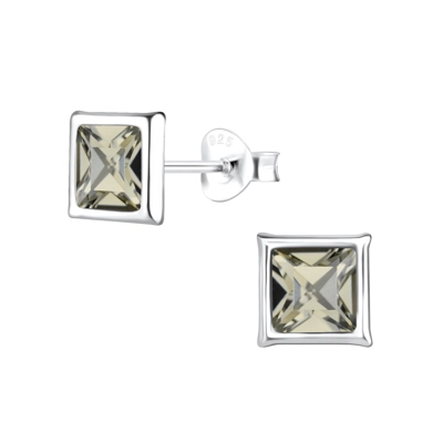 925 Silver Square Crystal Earrings ( Black - Diamond ).