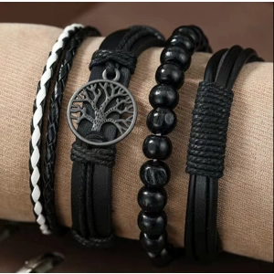 4pcs/Set Braided Wrap Leather Bracelets For Men Vintage, Life Tree Charm, Wood Beads Wrist Black Bro