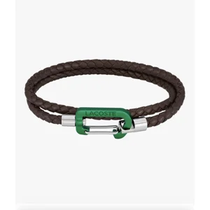 Lacoste Matt Men's Double Wrap Braided Leather Cord Jewelry Bracelet, Carabiner Closure