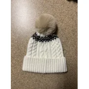 Anne Klein Ivory Cable Knit Faux Fur Pom Pom Warm Winter Beanie Hat Cap NWOT