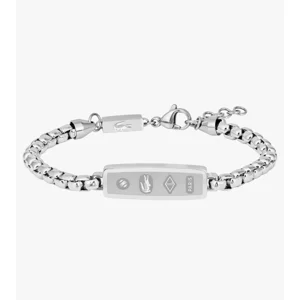 Lacoste District Bracelet – Men’s Stainless Steel Box Chain with Logo Plaque – Refined Modern Access