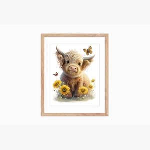 Baby Highland cow and sunflower print