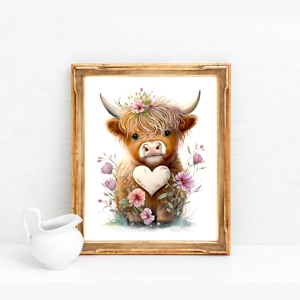 Baby Highland cow heart and flowers print