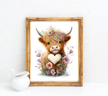 Baby Highland cow heart and flowers print
