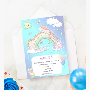 Unicorn rainbow birthday party invitations