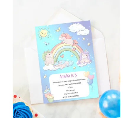 Unicorn rainbow birthday party invitations