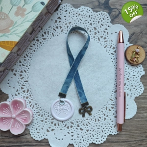 Chambray Ribbon Bookmark with Ribbon Wax Seal and Antique Ribbon Charm