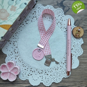 Ribbon Bookmark with Floral Butterfly Wax Seal and Lock and Key Charms (Peach Plaid)