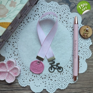 Ribbon Bookmark with Bicycle Wax Seal and Bicycle Charm (Pink Plaid)