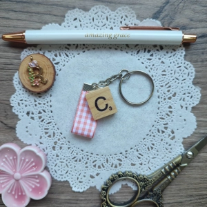 Monogram Scrabble Tile and Peach Plaid Ribbon Keychain (Letter C)