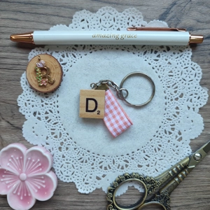 Monogram Scrabble Tile and Peach Plaid Ribbon Keychain (Letter D)
