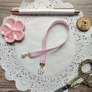Ribbon Bookmark with Pearl and Flower Charm (Striped Pink and White)