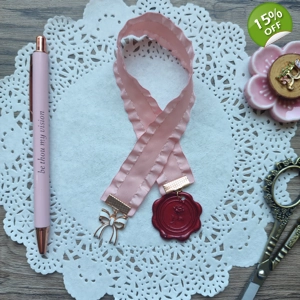 Satin Ribbon Bookmark with Rose Wax Seal and Ribbon Charm (Pink)