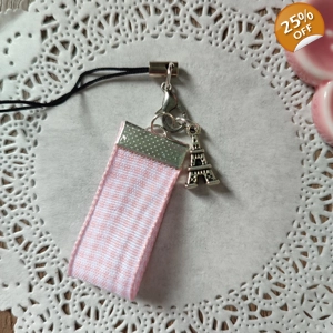 Pink Plaid Ribbon and Eiffel Tower Phone Charm