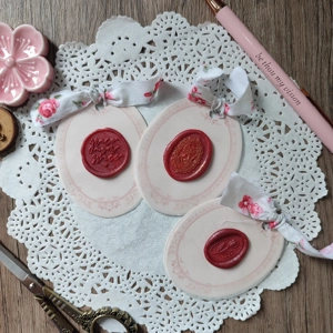 Gift Tags with Wax Seals and Fabric Ribbons (Glittered Red)