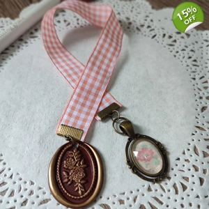 Peach Plaid Ribbon Bookmark with Wax Seal and Cabochon 1