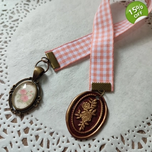 Peach Plaid Ribbon Bookmark with Wax Seal and Cabochon 2