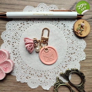 Wax Seal Keychain with Pearl and Tassel Charms (Pink Floral Envelope) 3 Wax Seal Keychain with Pearl and Tassel Charms (Pink Floral Envelope) 3