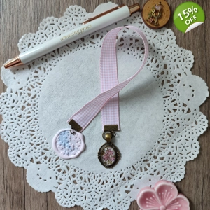 Pink Plaid Ribbon Bookmark with Floral Wax Seal and Cabochon