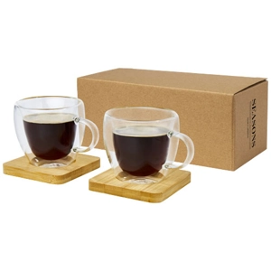 Manti 2-piece 100 ml double-wall glass cup with bamboo coa..