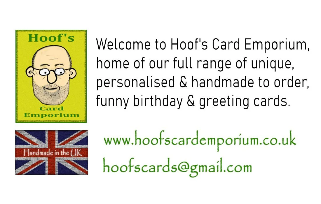 This is a welcome to visitors of the Hoof's Card Emporium official website homepage and includes a shop icon, a small UK flag, the Hoof's Card Emporium web address and email address