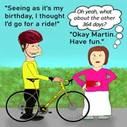 Funny Personalised Cycling Card shows a keen male cyclist saying as it's his birthday he is going to go for a bike ride. A lady replies saying okay and to have fun but a thought bubble over her head reveals she is thinking