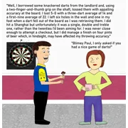 Personalised cheeky darts birthday card for a rubbish darts player. Shows a man in his darts clothes, holding a set of darts and a dartboard on the wall. He is reeling off a long list of funny stats emphasising how bad his darts throwing is.