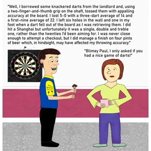 Personalised cheeky darts birthday card for a rubbish darts player. Shows a man in his darts clothes, holding a set of darts and a dartboard on the wall. He is reeling off a long list of funny stats emphasising how bad his darts throwing is.