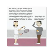 Funny personalised female badminton player card shows a lady reeling off a long list of match stats to a perplexed looking man.