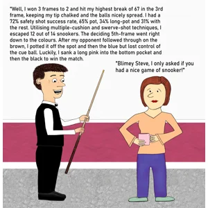 Funny personalised snooker birthday card showing a man wearing formal snooker clothing is holding his cue and reeling off a long list of dull statistics from his snooker match to a bemused looking lady. At the end of this list she comments she'd only asked if he'd had a good game of snooker.