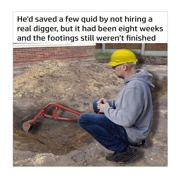 Funny Builder Card - Tight Arse Man Uses Toy Digger To Excavate His Extension Footings