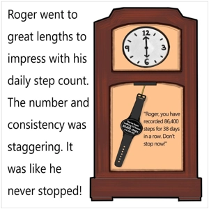 Competitive step counter funny walking card, man cheats in..