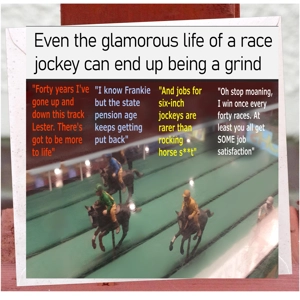 Race jockey funny card - Horse racing jockeys discuss life and daily grind - Humorous greeting card