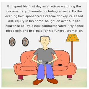 Male pensioner first day retired - A funny customisable retirement card - Daytime TV, a new retiree