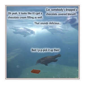 Funny penguin card, biscuit loving penguins pick up a drop..