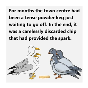 Pigeon and gull chip standoff, funny joke greeting card cu..