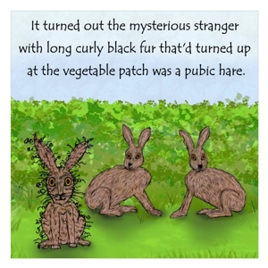 Funny rude hare greeting card, rabbit-like stranger with c..