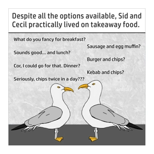Gulls' takeaway food funny card, a customisable seagull jo..