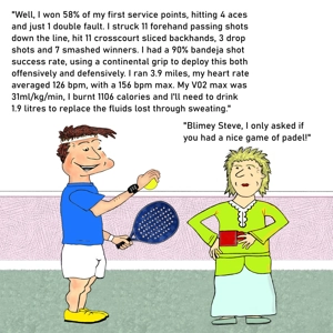 Funny padel birthday card showing a male padel player in his sporty clothes and holding his racket and a ball . He is talking to a lady who is looking bemused, standing with her hand on her hip and a mug in her other hand. He is reeling off a long list of boring statistics from his match and at the end she remarks that all she asked was if he had a good game of padel.