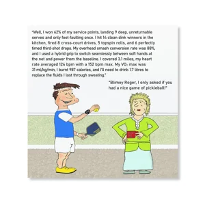 Funny personalised pickleball birthday card showing an illustration of a male pickleball player reeling off a list of humorous match stats and their name personalised on the front.